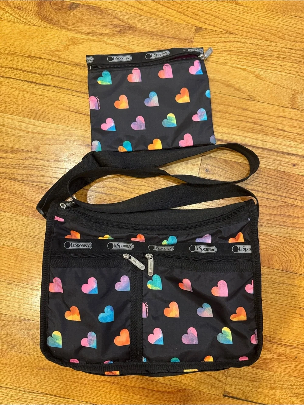 LeSportsac Black Crossbody Bag with Multicolor Heart Print - with matching pouch